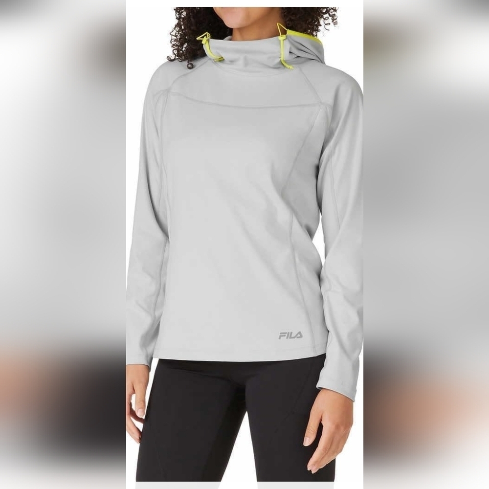 Fila Women's Light Gray Hoodie with Neon Accents Size L